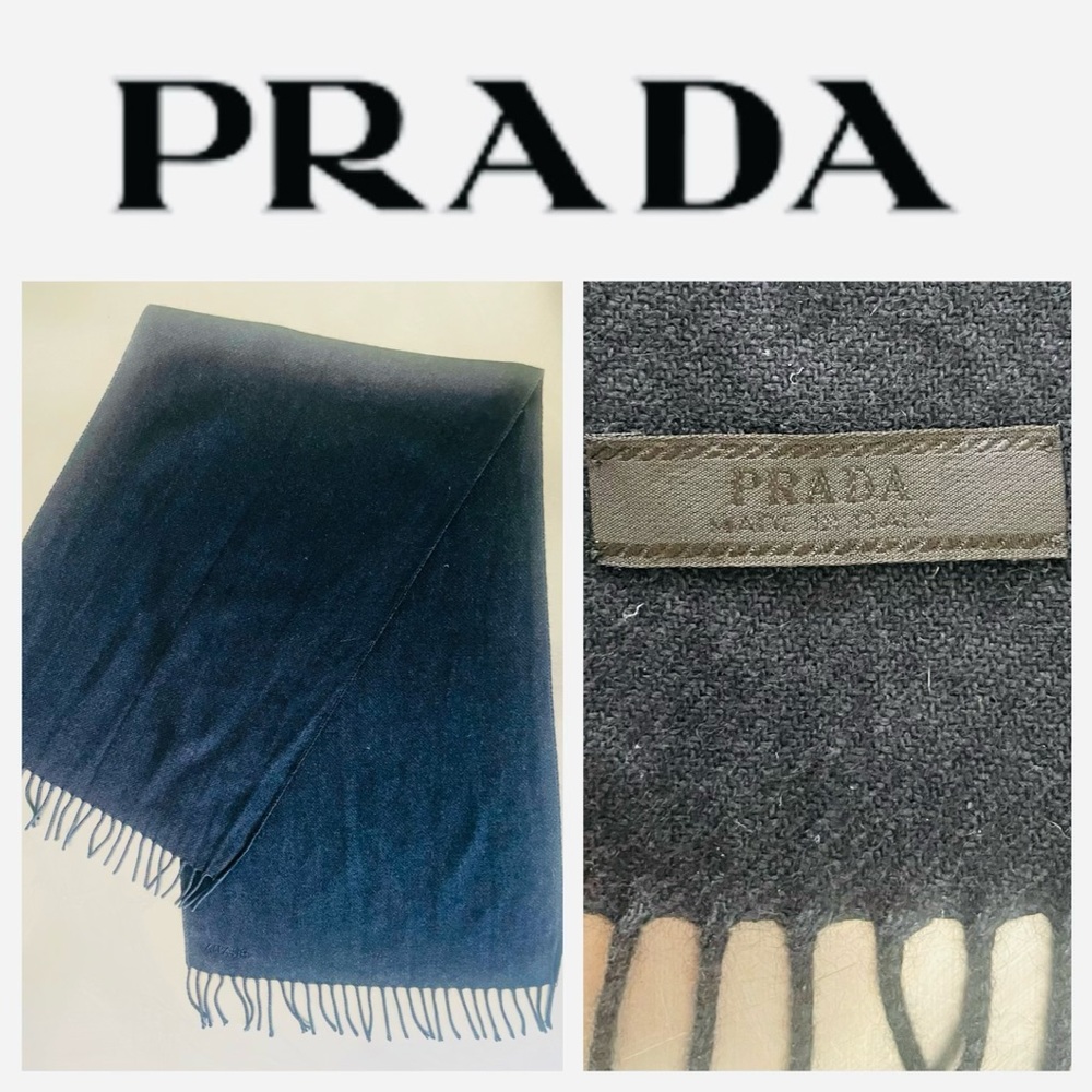 PRADA  Unisex Navy Blue Wool Fringe Scarf